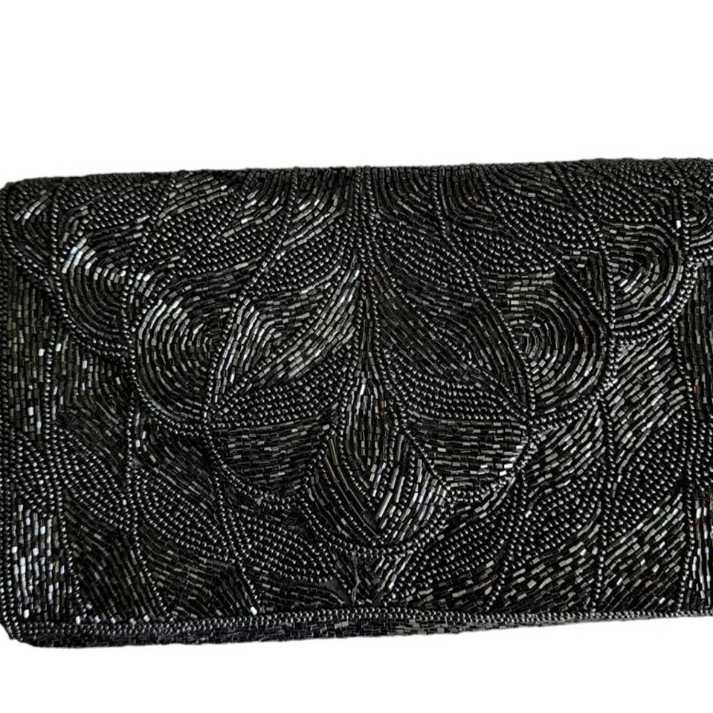 Vintage Black Beaded Scalloped Satin Evening Clutch Purse